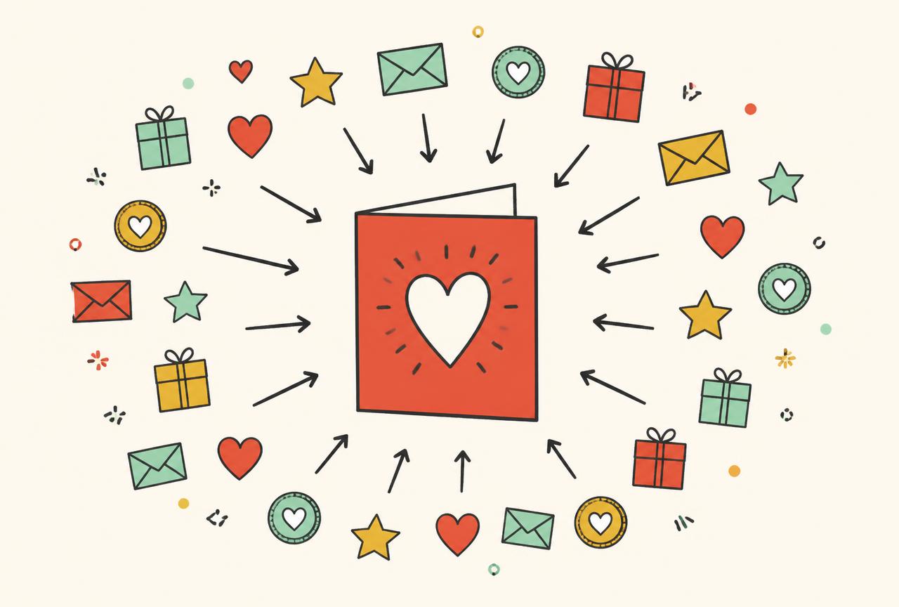 Illustration of small gifts, coins and hearts coming together around one thank-you card