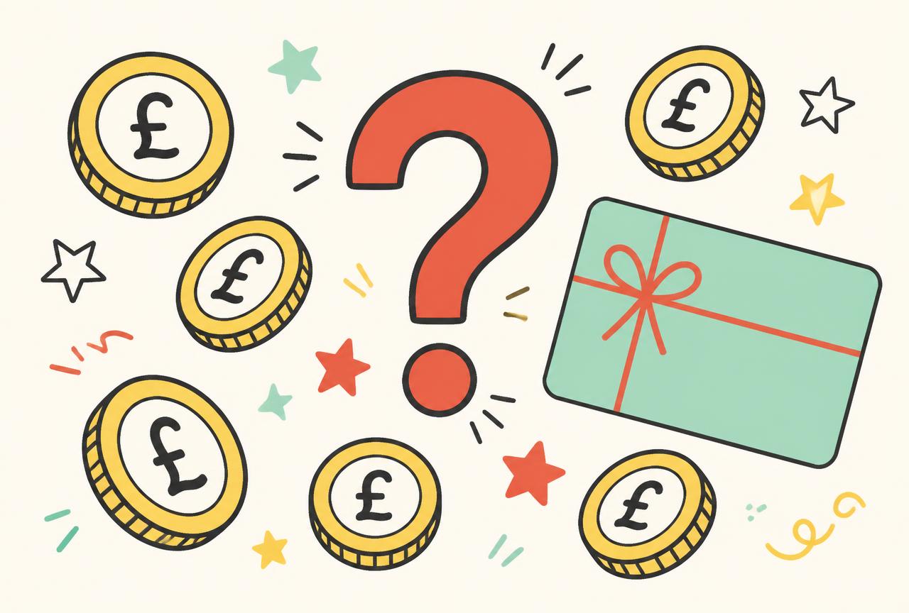 Illustration of pound coins, stars and a gift card around a large question mark