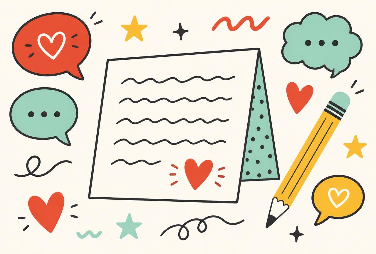 Illustration of a handwritten thank-you card surrounded by speech bubbles, hearts and a pencil