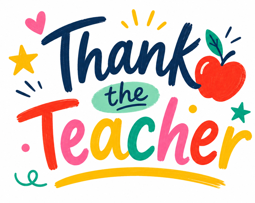 Thank the Teacher — hand-lettered logo with an apple, hearts and stars