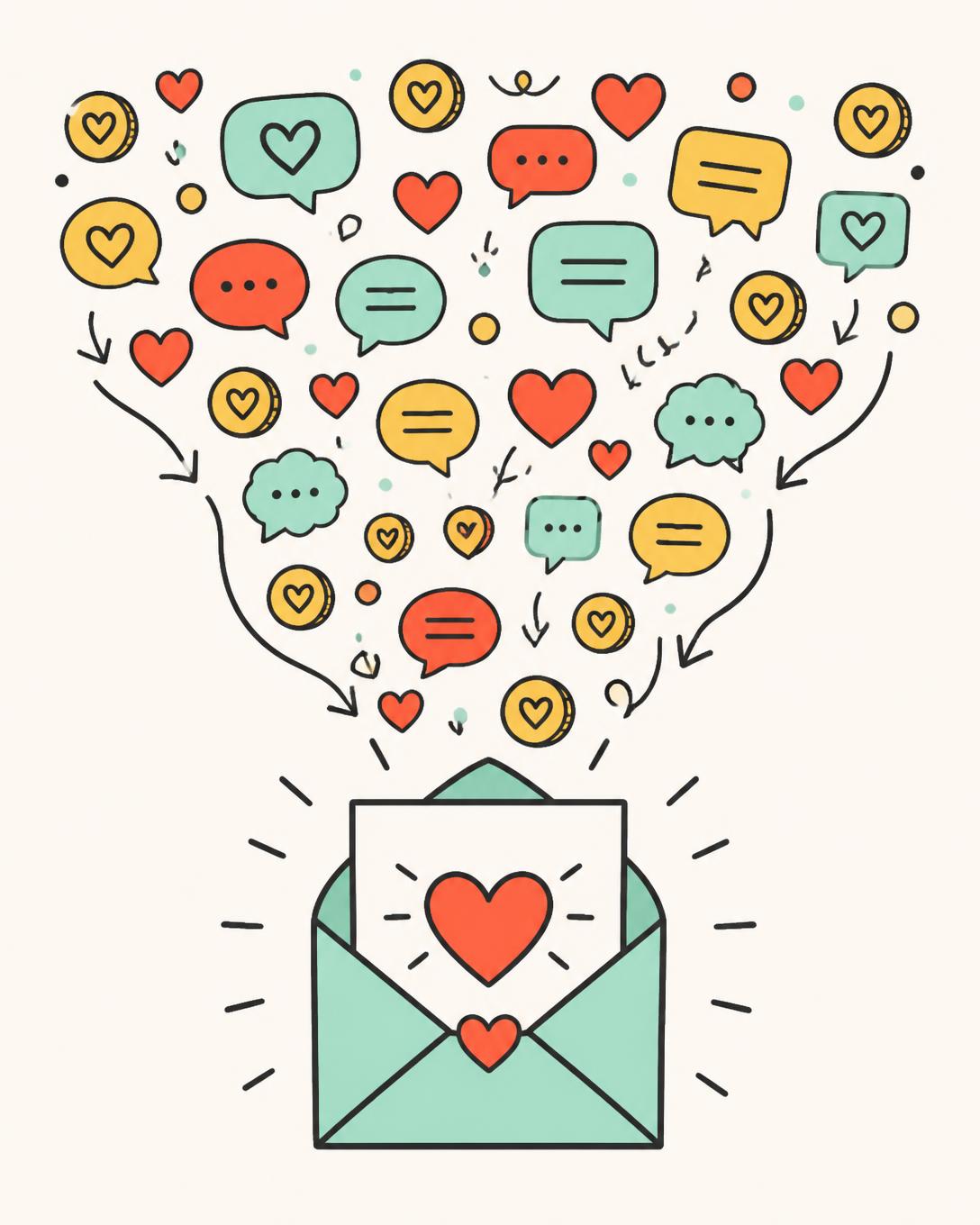 Illustration of many small messages, hearts and coins gathering into one card
